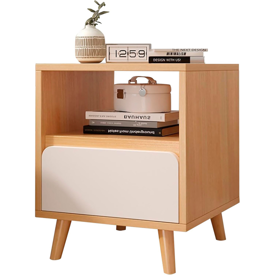 Imagen de Mesa de Luz Natural / Blanco Estante, Cajón y Patas 40cm