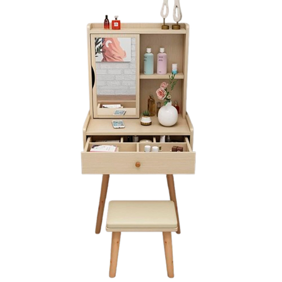 Imagen de Tocador Madera Beige con Espejo, Taburete y Cajón