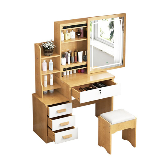 Imagen de Tocador Con Espejo 5 Estantes 4 Cajones Taburete Movi Marrón