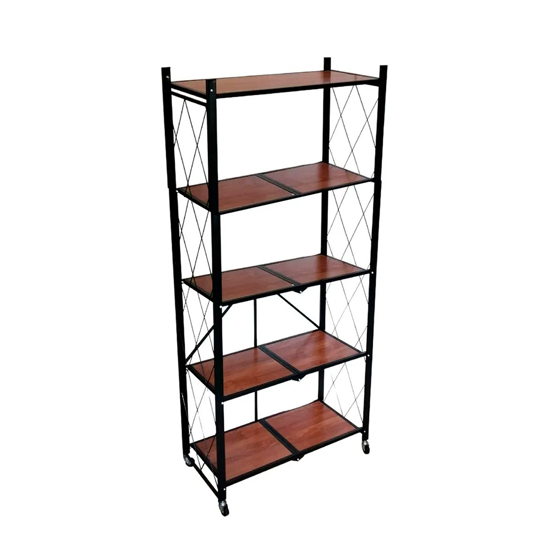 Imagen de Estantería Plegable Negra 4 Estantes con Madera y Ruedas
